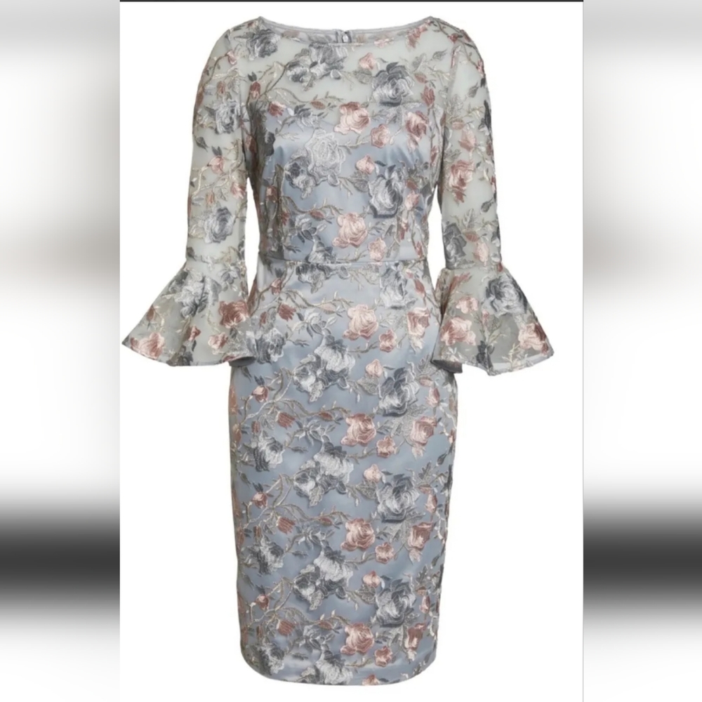 Beautiful new with tags embroidered figure-skimming sheath dress.